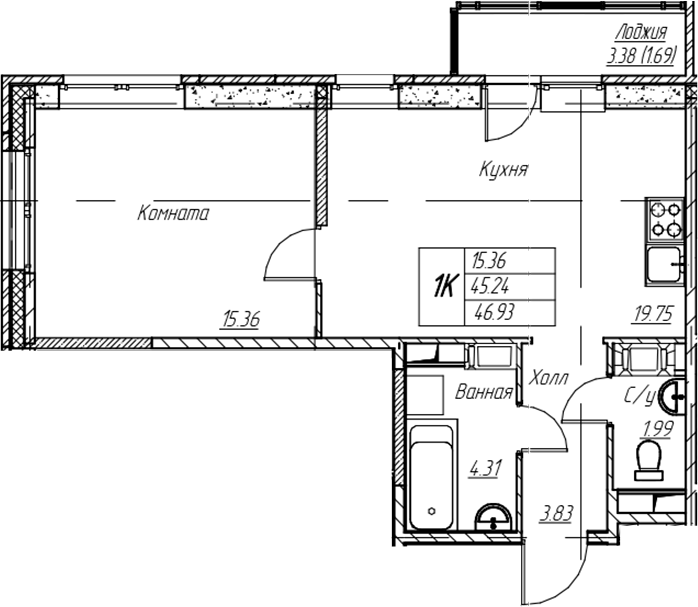 1-комнатная квартира 46.93 м², 9/22 эт., ЖК «Парк-квартал Юнтолово»